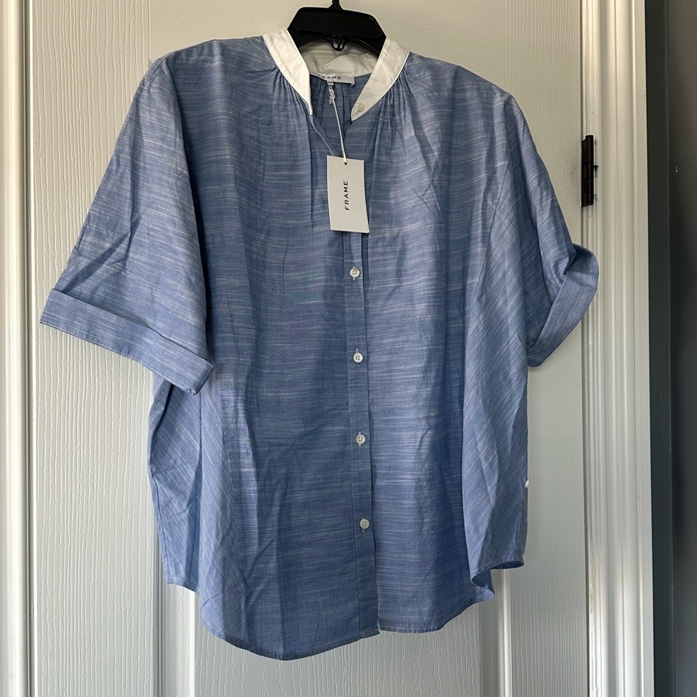 Frame Denim Blue and White Short-Sleeve Button-Up Blouse